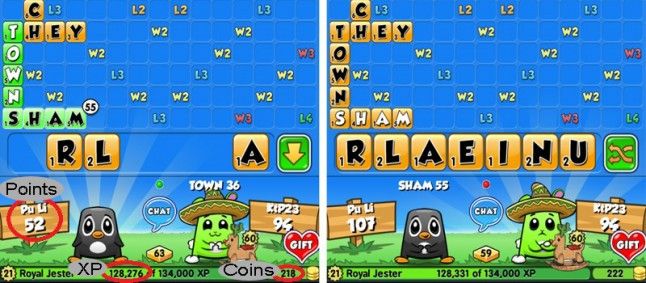 As you can see in my example: I played the word SHAM and used a W3 and L4 bonus square. I will get 55 points for this and also 55 XP. But unfortunately SHAM is only worth 4 coins!