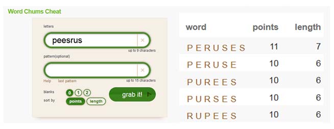 seven letter words in word chums cheat