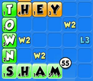 In this Wordchums game I extended the word TOWN. I added an S and built the word SHAM.