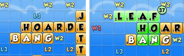 Here I used the L3 bonus square twice: For the word FON and the word LEAF.